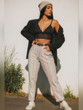 Vintage Eaton Attitude Pastel Candy Striped Jeans Size 12 High Waisted Pants